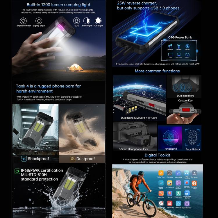 Unihertz 8849 Tank 4 Night Vision Projector Rugged Phone, 12GB+512GB, 6.78 inch Android 14 Dimensity 7300 MT6878 Octa Core, Network: 5G, NFC, Tank 4 12GB+512GB