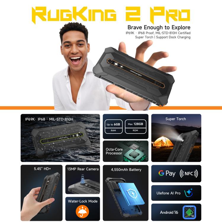 Ulefone RugKing 2 Pro Rugged Smartphone | 6GB RAM + 128GB | Android 16 | IP68/IP69K