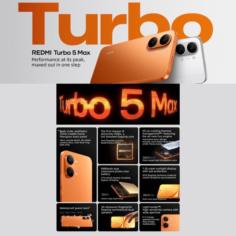 Xiaomi REDMI Turbo 5 Max, 16GB+1TB, 6.83 inch Xiaomi HyperOS 3 Dimensity 9500s Octa Core, NFC, Network: 5G, 16GB+1TB