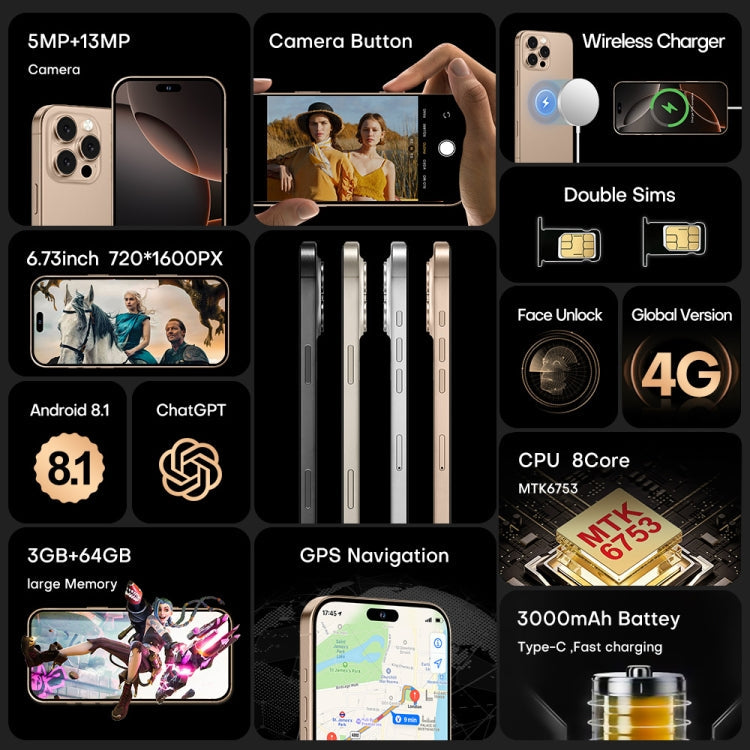 i16 Pro Max / A08A, 3GB+64GB, 6.73 inch Screen, Face Identification, Android 8.1 MTK6753 Octa Core, Network: 4G, Dual SIM, US Plug, i16 Pro Max / A08A, US Plug