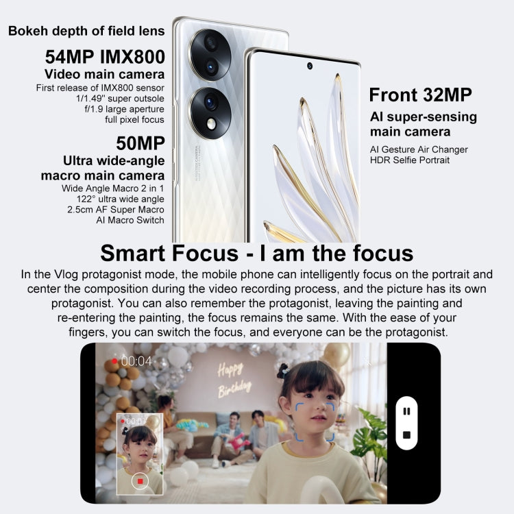 Triple Back Cameras, Screen Fingerprint Identification,  6.67 inch Magic UI 6.1 Qualcomm Snapdragon 778G Plus Octa Core up to 2.5GHz, Network: 5G, OTG, NFC, Not Support Google Play, Honor 70 5G 12GB+512GB