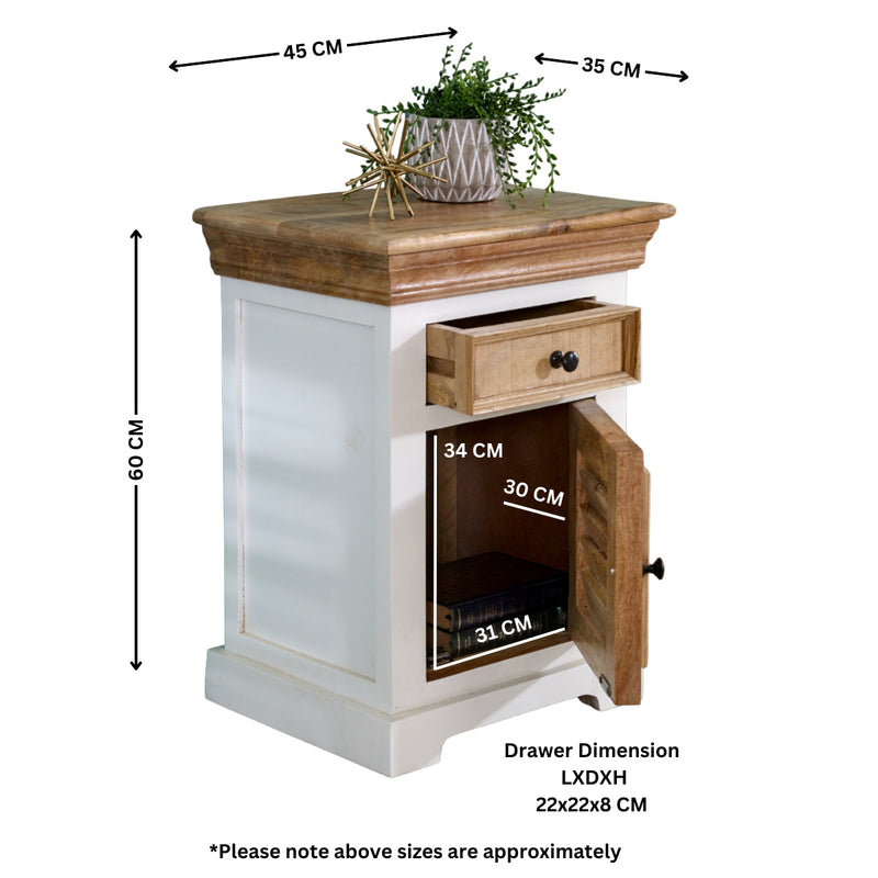 Bianco Solid Mango Wood White Bedside Cabinet with 1 Darwer & 1 Door