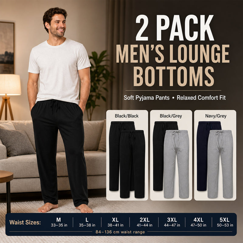 2 Pack Men's Cotton Lounge Bottoms Stretchable PJ Pants Available in Black Navy Grey Durable and Cozy Loungewear Medium to 5X-Large by Sock Stack