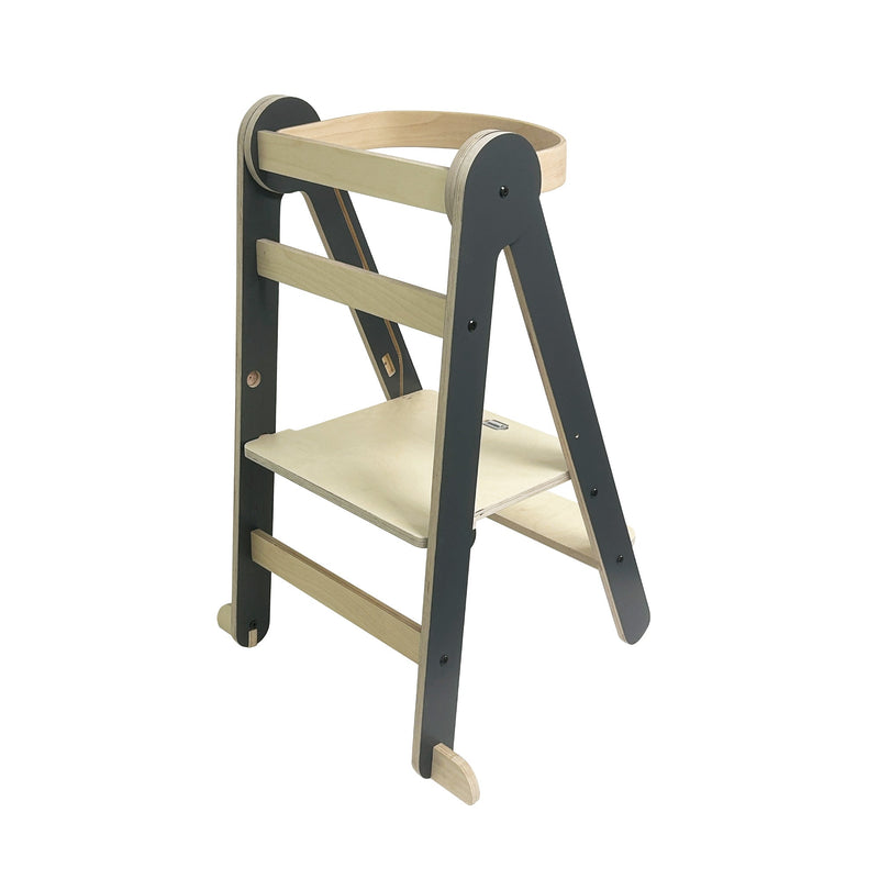 MamaToyz Folding Learning Tower Natural Beech Wood Montessori Child Safety Platform - Dark Grey / Natural