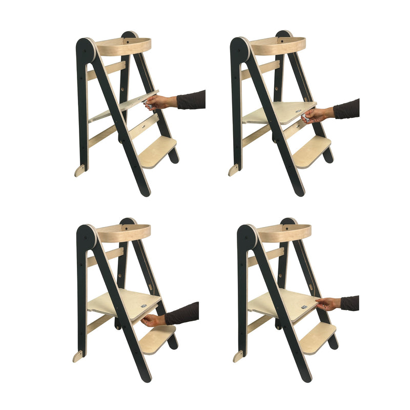 MamaToyz Folding Learning Tower Natural Beech Wood Montessori Child Safety Platform - Dark Grey / Natural