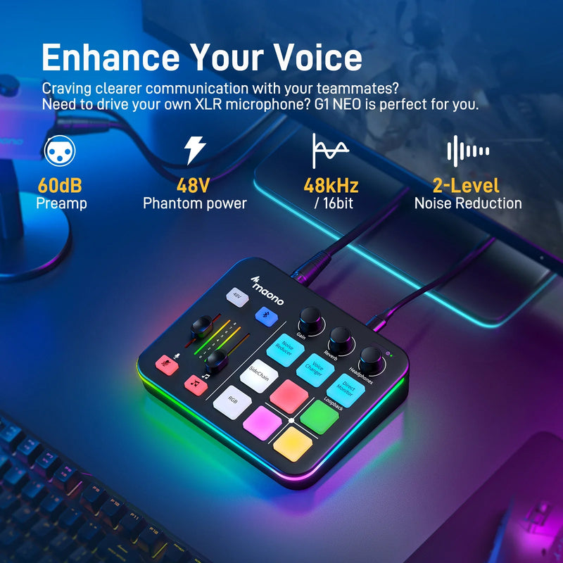 MAONO RGB Gaming Audio Mixer - XLR Audio Interface with Custom Sound Effects for Streaming, Game Voice & Podcasting