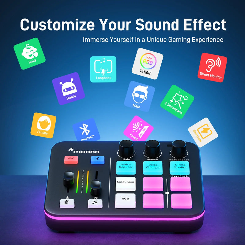 MAONO RGB Gaming Audio Mixer - XLR Audio Interface with Custom Sound Effects for Streaming, Game Voice & Podcasting