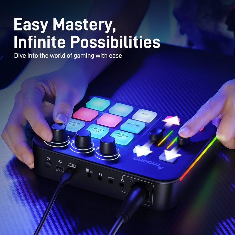MAONO RGB Gaming Audio Mixer - XLR Audio Interface with Custom Sound Effects for Streaming, Game Voice & Podcasting
