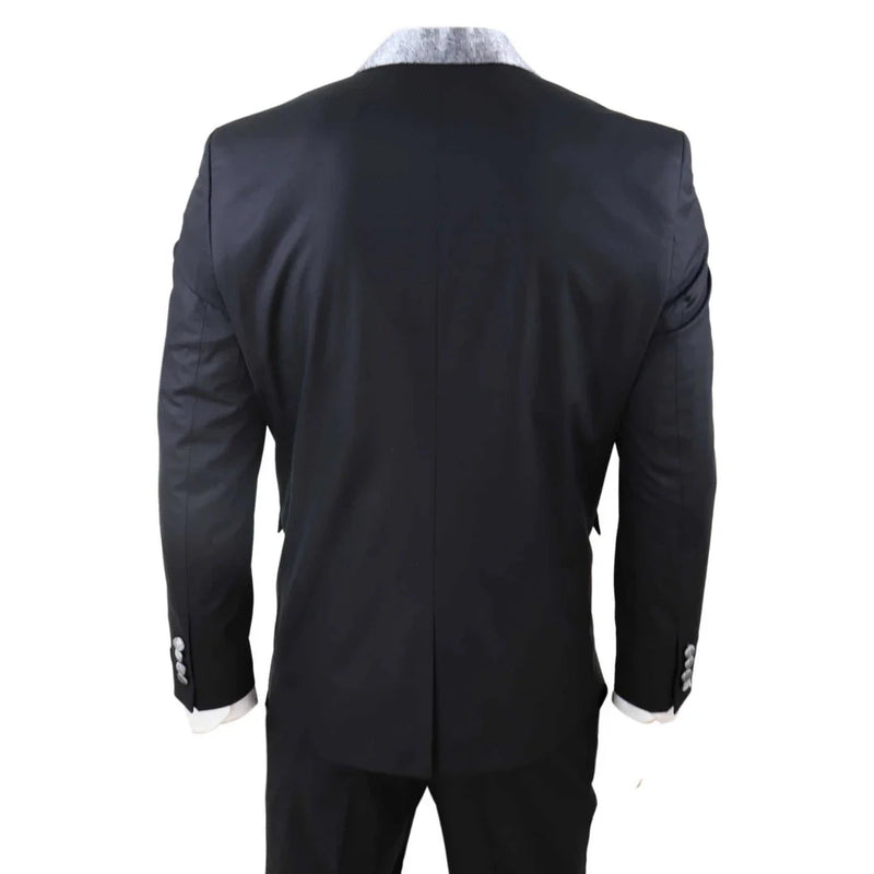 Sal-Yaica - Men's 4 Piece Wedding Suit Groom Shawl Collar Black Silver Cravat