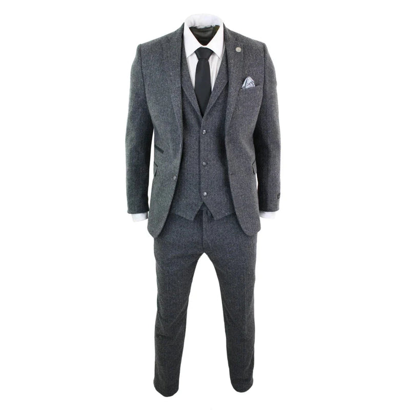 STZ11 - Men's Grey Black 3 Piece Tweed Suit Herringbone Wool