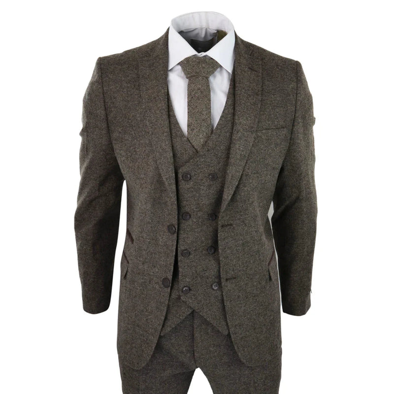 STZ31A - Men's Wool 3 Piece Suit Double Breast Waistcoat Tweed Blinders Classic 1920s Oak