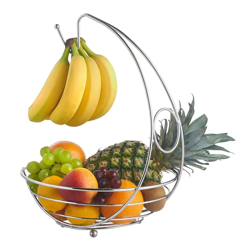 Chrome Fruit Basket with Banana Hanger Kitchen Counter Stand