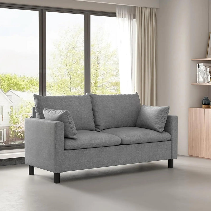2 Seater Linen Fabric Sofa with Armrests and Wooden Legs Modern Compact Couch
