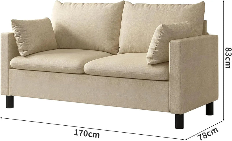 2 Seater Linen Fabric Sofa with Armrests and Wooden Legs Modern Compact Couch
