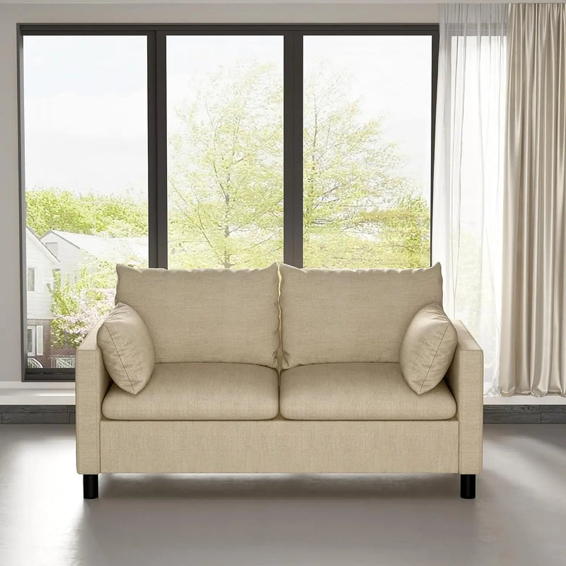 2 Seater Linen Fabric Sofa with Armrests and Wooden Legs Modern Compact Couch