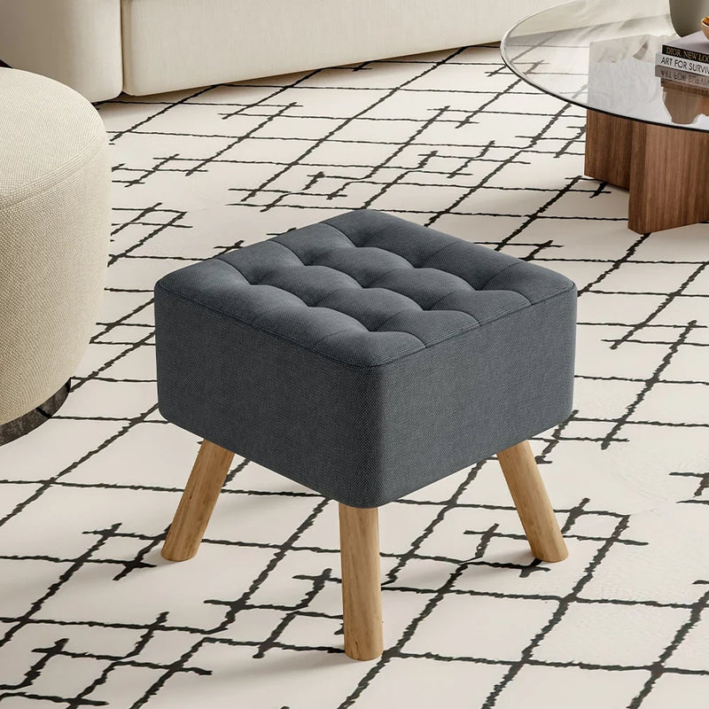 Modern Linen Fabric Padded Footstool, Multifunctional Wooden Leg Stool Ottoman