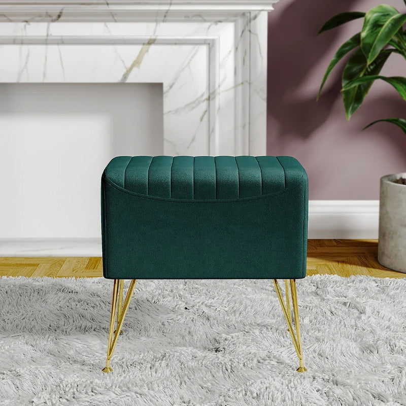 Modern Velvet Cushioned Footstool with Metal Legs - Home & Makeup Stool