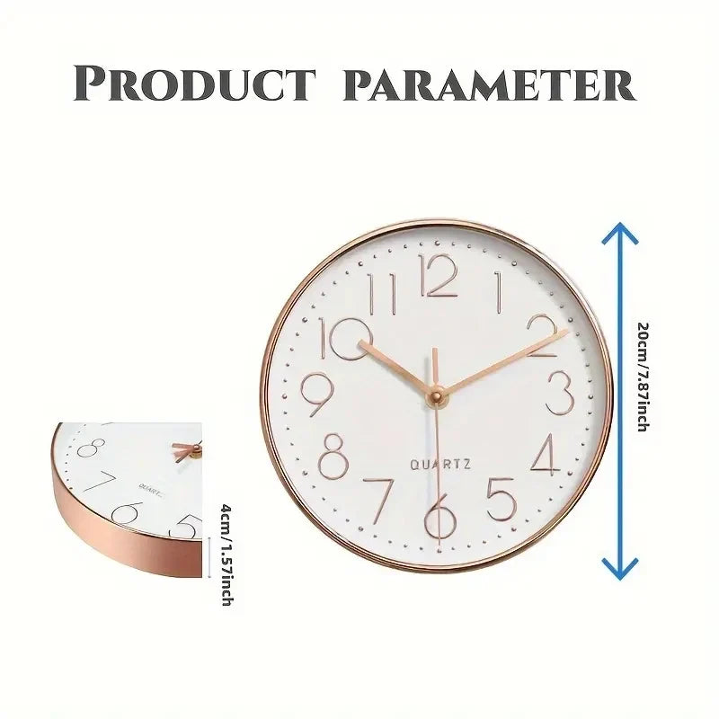Modern Silent Wall Clock 8 Inch — Quartz Round Clock with 3D Numbers, Non-Ticking for Home Decoration