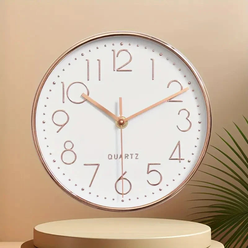 Modern Silent Wall Clock 8 Inch — Quartz Round Clock with 3D Numbers, Non-Ticking for Home Decoration