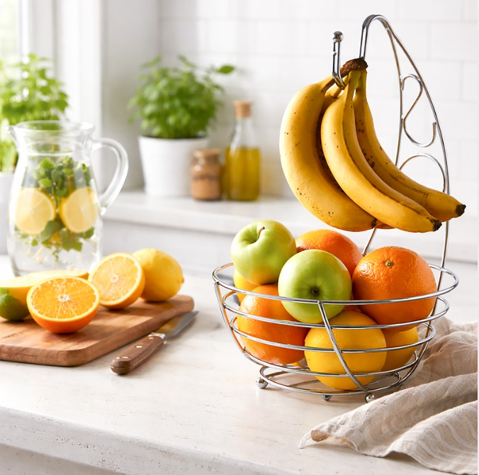Chrome Fruit Basket with Banana Hanger Kitchen Counter Stand