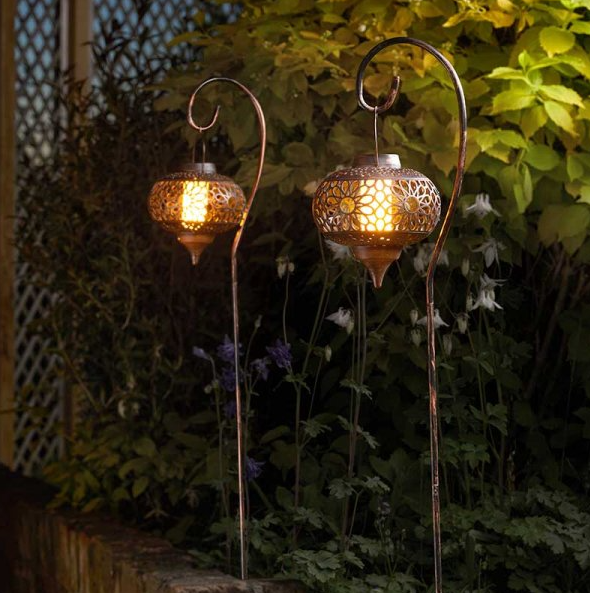 Moroccan Solar Stake Lanterns with Crook Flame Effect Set of 2