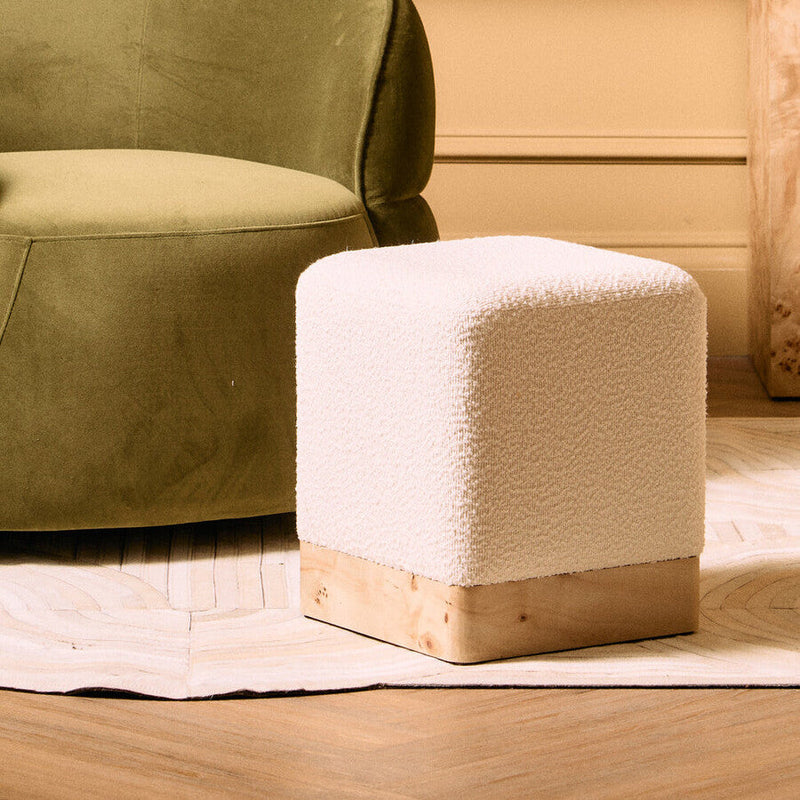Burl Wood and Cream Boucle Square Stool | Mota