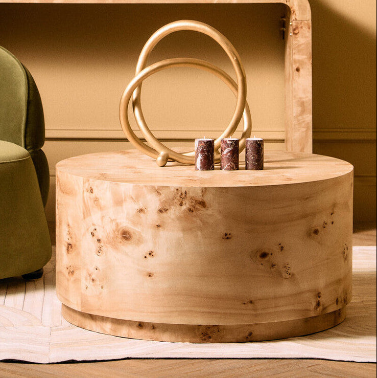 Natural Burl Wood Round Coffee Table with Drum Shape Design | Mota