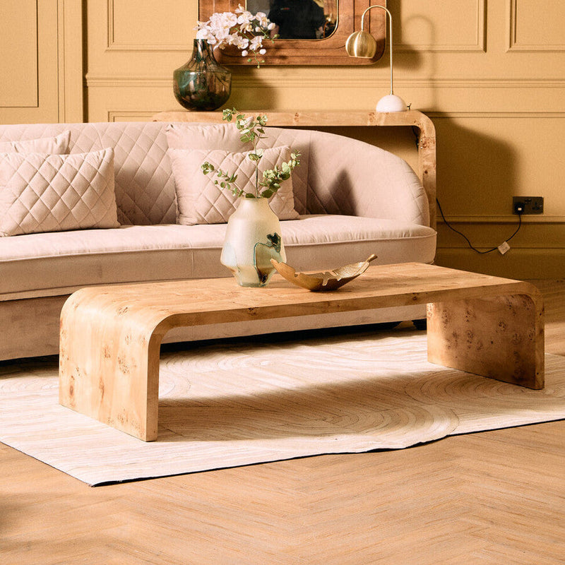 Natural Burl Wood Curved Coffee Table with Smooth Curved Edges | Mota
