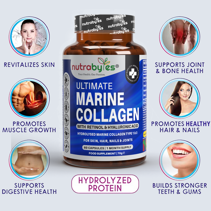Ultimate Marine Collagen Capsules | High Strength Types I & III with Hyaluronic Acid, Vitamin C & Vitamin A | 60 Capsules, 1 Month Supply | UK Made