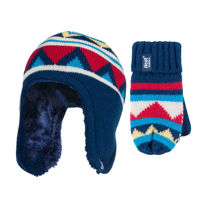 Childrens Winter Warm Fleece Lined Thermal Hat & Mittens Set with Ear Flaps