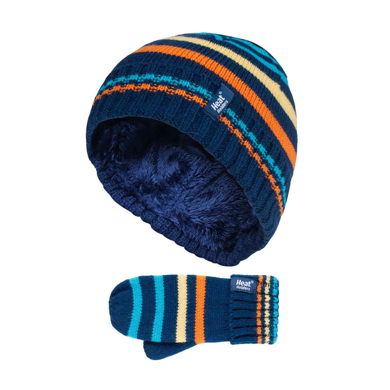Kids Boys Winter Knitted Thermal Fleece Lined Cuffed Beanie Hat & Mittens Set