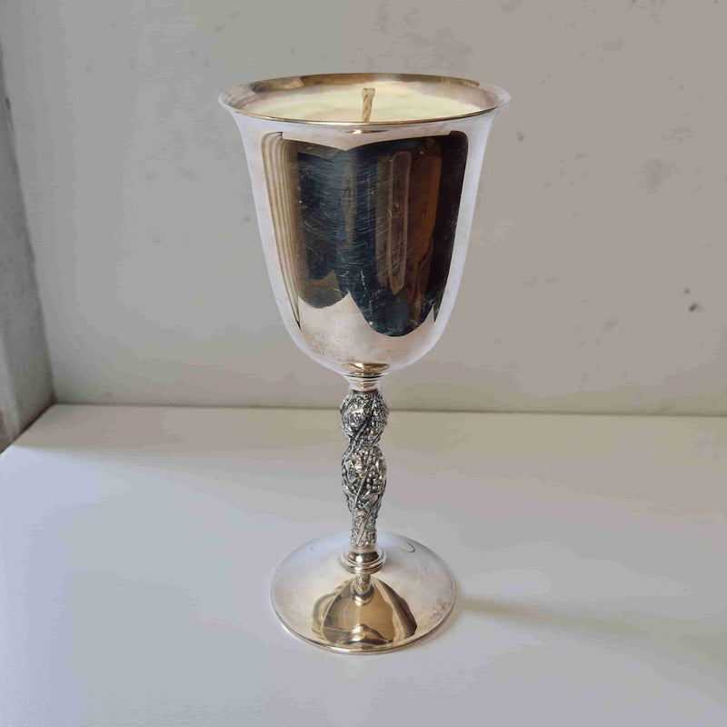 Repurposed Engraved Silver Goblet Candle - Walled Garden