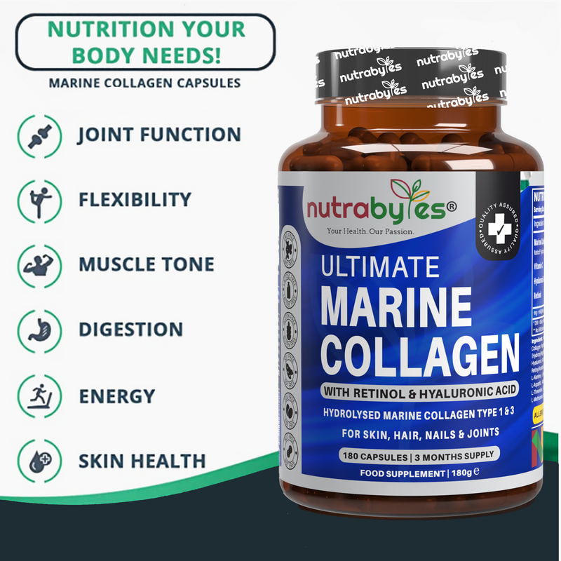 Ultimate Marine Collagen Capsules | High Strength Types I & III with Hyaluronic Acid, Vitamin C & Vitamin A | 180 Capsules, 3 Month Supply | UK Made