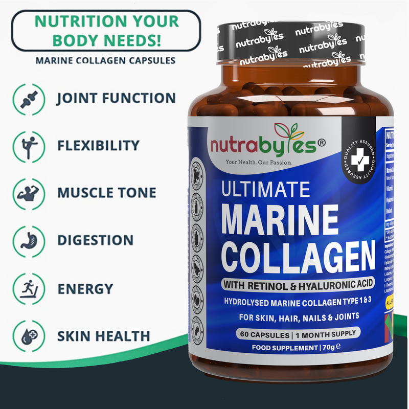 Ultimate Marine Collagen Capsules | High Strength Types I & III with Hyaluronic Acid, Vitamin C & Vitamin A | 60 Capsules, 1 Month Supply | UK Made
