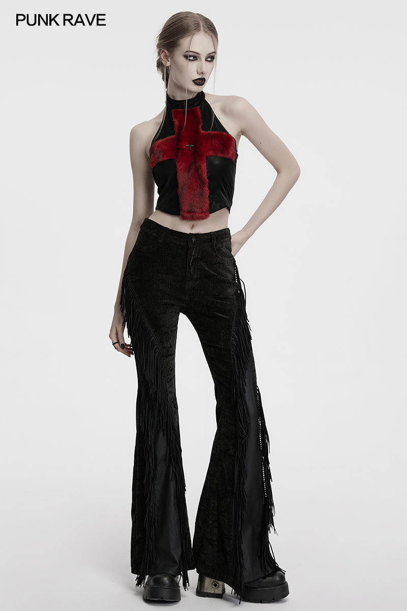 Punk Rave Morrigan Wasteland Tassel Flare Goth Trousers in Black