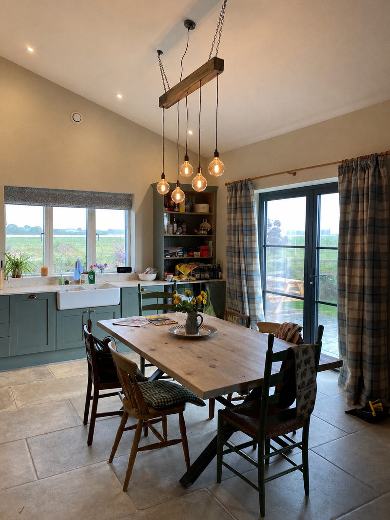 1m Oak Beam Chandelier with 5 Lights | Kitchen Island Lighting UK