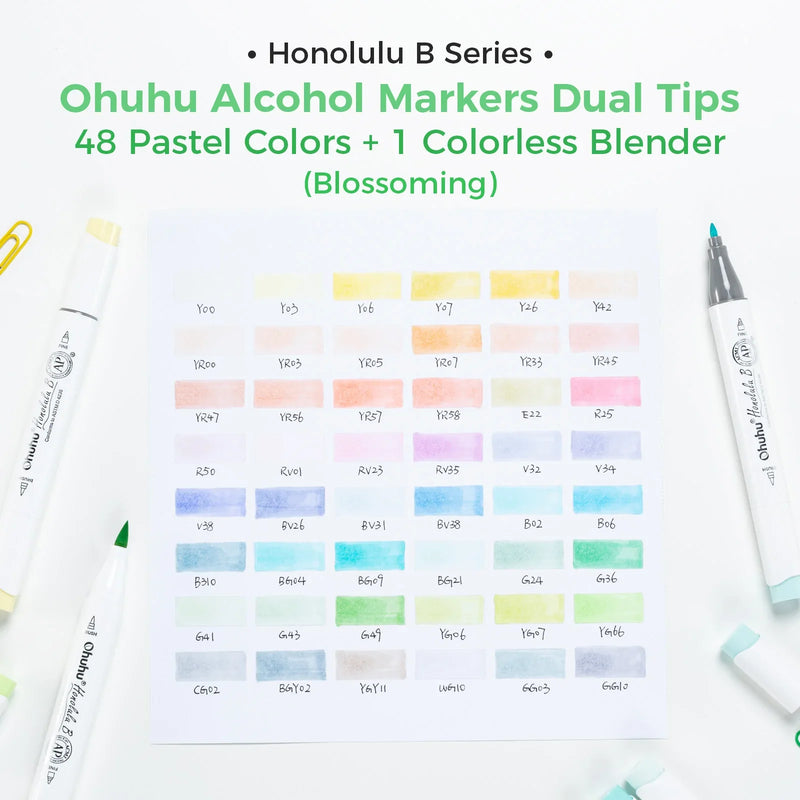 Ohuhu Honolulu 48 Pastel Alcohol Markers Dual Tip Brush Chisel Refillable Art Set