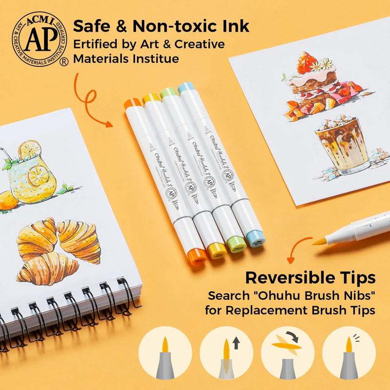 Ohuhu Honolulu S 48 Colour Alcohol Marker Set Dual Brush Soft Chisel Drawing Pens