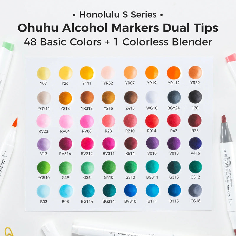 Ohuhu Honolulu S 48 Colour Alcohol Marker Set Dual Brush Soft Chisel Drawing Pens