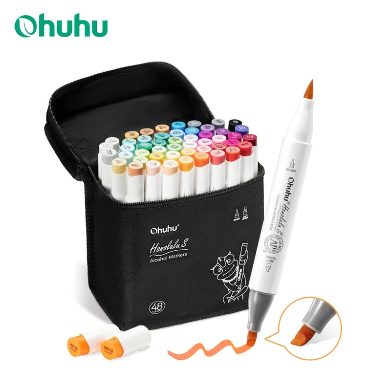 Ohuhu Honolulu S 48 Colour Alcohol Marker Set Dual Brush Soft Chisel Drawing Pens
