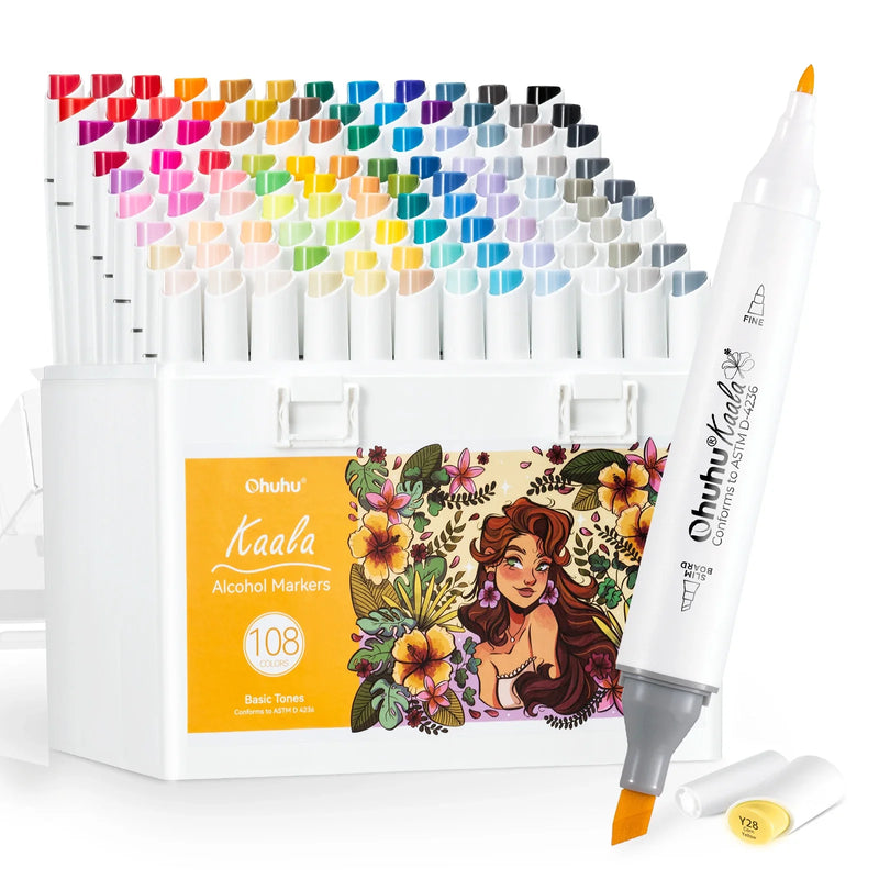 Ohuhu Kaala Alcohol Art Marker Set Up To 106 Markers - Dual Tip Refillable Colour for Drawing, Sketching, Manga