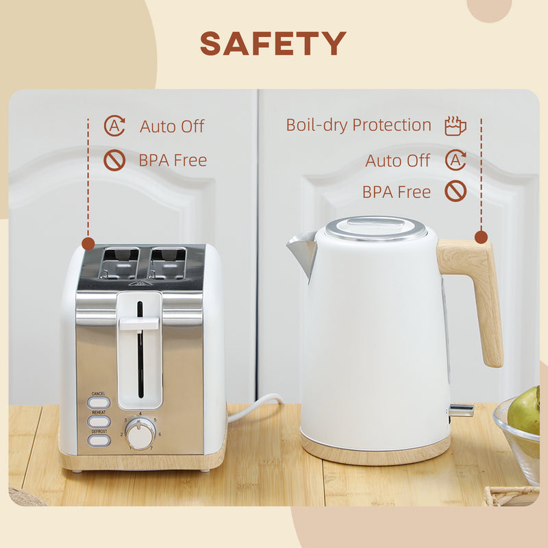 HOMCOM 1.7L Electric Fast Boil Kettle and 2 Slice Toaster Set, White