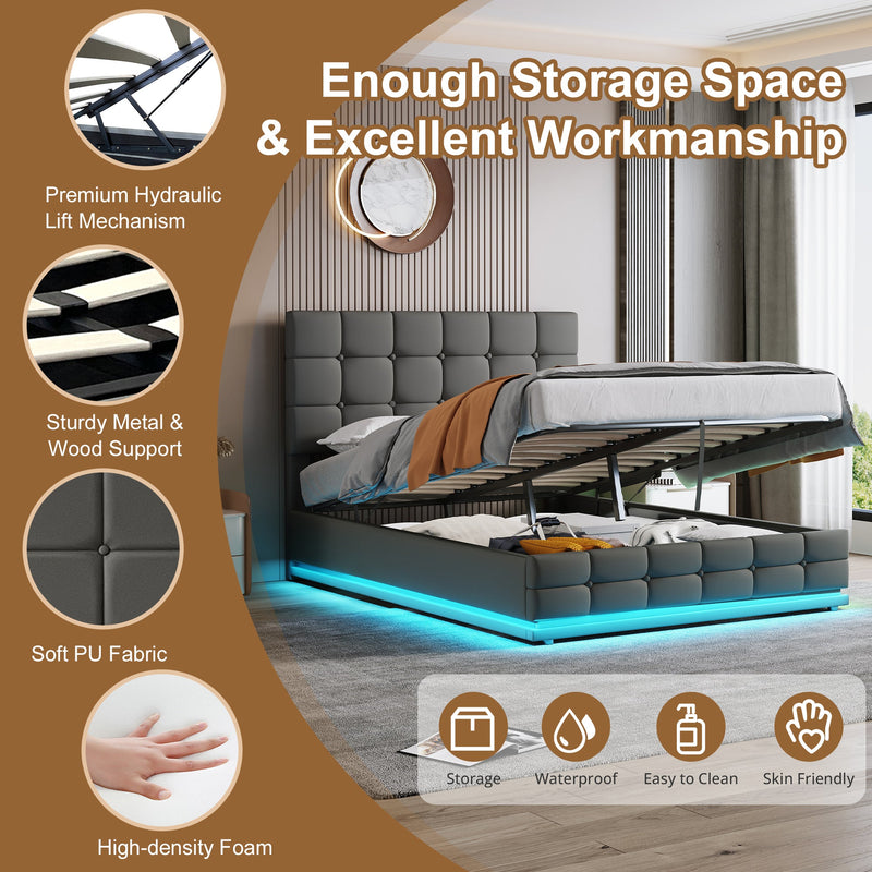 Ottoman Double Bed with LED Lights & Storage Grey PU Leather Frame Smart App