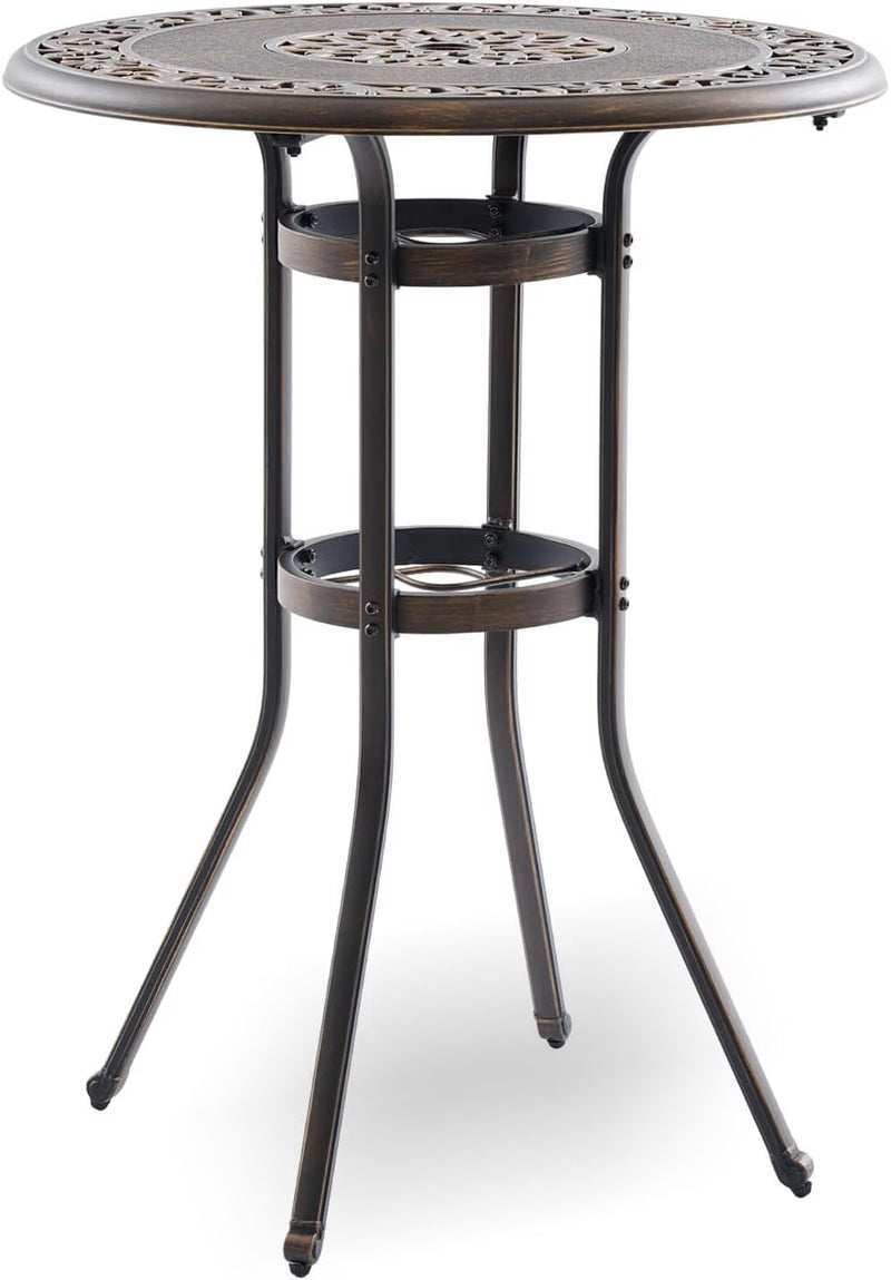 Outdoor Bar Height Table & Swivel Stool Set — 31.5" Round Cast Aluminum Patio Pub Table with Umbrella Hole + 2 High Top Bar Chairs with 360° Swivel & Removable Cushions (Bronze)