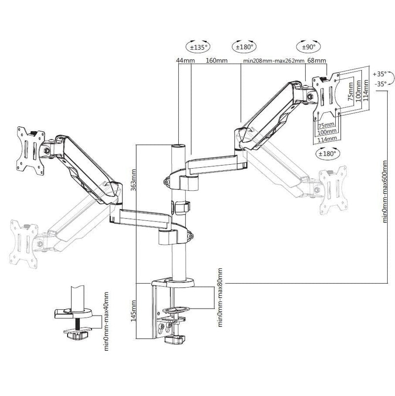 ProperAV Desk Monitor Mount 17" - 32" Extra Height Dual Articulated Swing Arm VESA Max 100x100