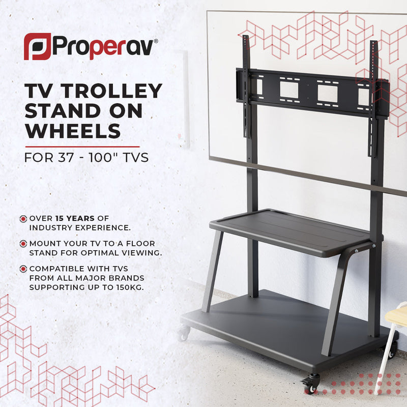 ProperAV Mobile TV Trolley Stand on Wheels for 37" - 100" Screens (150kg Capacity / VESA Max. 800x600)