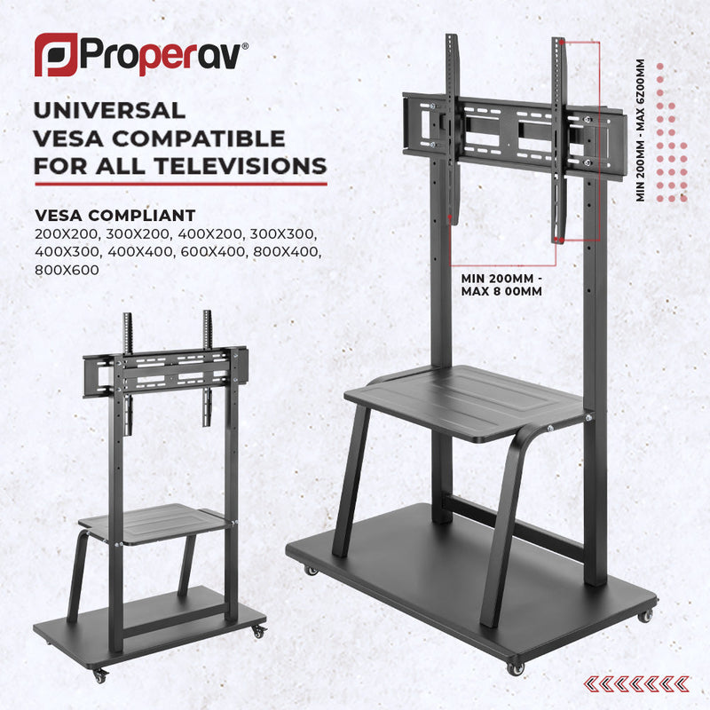 ProperAV Mobile TV Trolley Stand on Wheels for 37" - 100" Screens (150kg Capacity / VESA Max. 800x600)