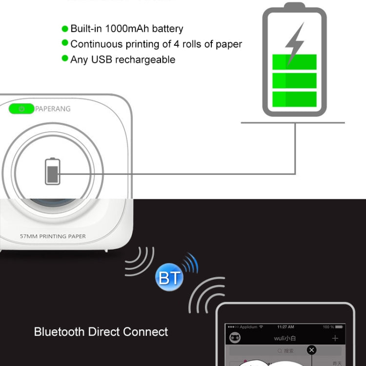 PAPERANG P1 Portable ABS Bluetooth 4.0 Printer Thermal Photo Phone Wireless Connection Printer, P1 White