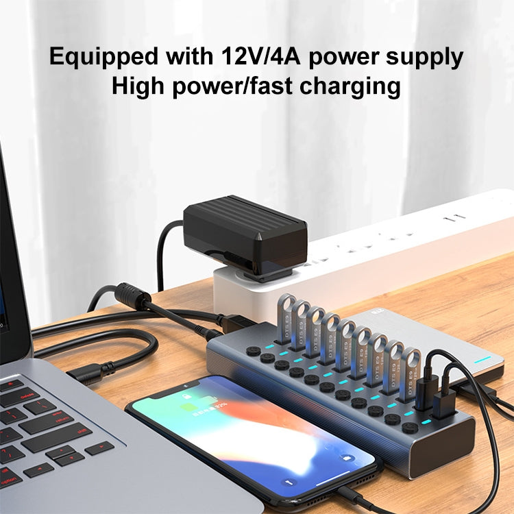 11 in 1 USB 3.0 HUB Splitter with Independent Switch & 12V 4A Power Supply, 11 USB 3.0