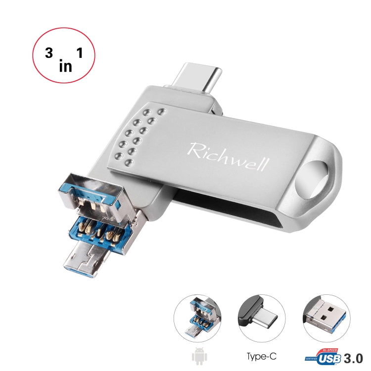 Richwell 3 in 1 128G Type-C + Micro USB + USB 3.0 Metal Flash Disk with OTG Function